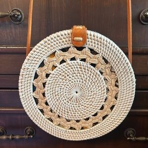 Round Rattan Crossbody Purse Woven Lined Faux Leather Strap